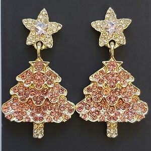 Pink Gold Silver Rhinestone Christmas tree earrings